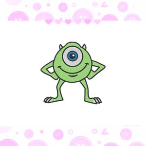 Pode incluir: Patch bordado com um monstro de desenho animado verde de um olho, com um sorriso largo e braços cruzados. O monstro tem um grande olho azul e branco. O patch está em um fundo branco com botões e corações rosa.