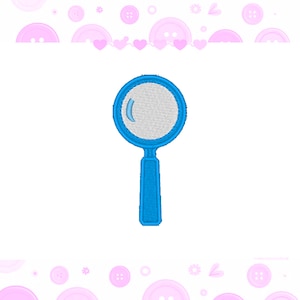 May include: A blue magnifying glass with a white handle. The magnifying glass is isolated against a white background.