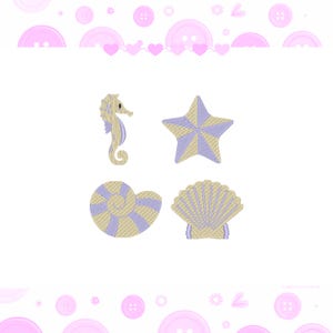 May include: Four embroidered sea-themed designs: a seahorse, a starfish, a seashell, and a scallop shell. Each design features a combination of light yellow and light purple colors. The background is white with pink buttons and hearts.