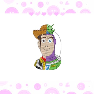 May include: A cartoon illustration of Woody and Buzz Lightyear from the Toy Story movie franchise. Woody is on the left side of the image and Buzz Lightyear is on the right side of the image. The two characters are fused together, with Woody's cowboy hat and Buzz Lightyear's space ranger helmet.