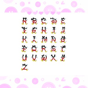Pode incluir: Um conjunto completo de alfabeto com letras desenhadas no estilo de um famoso rato de desenho animado. Cada letra é composta pelas icónicas orelhas, luvas e sapatos do rato, com cores vermelho, preto, amarelo e branco. As letras estão dispostas sobre um fundo branco.