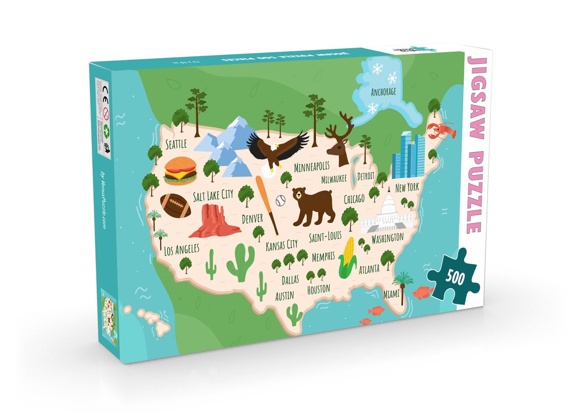 Colorful USA Illustrated Map Jigsaw Puzzle, 500 Pieces Illustrated Map ...