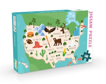 May include: A 500-piece jigsaw puzzle featuring a colourful map of the United States with iconic landmarks and symbols for each state. The puzzle box shows a cartoon map of the US with state names and symbols like a bear, a lobster, a cactus, and a football.