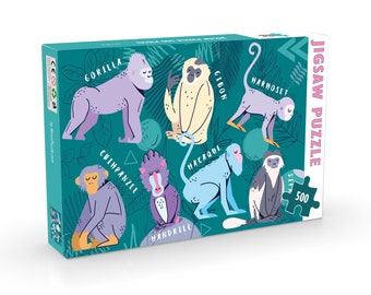May include: A colorful jigsaw puzzle box featuring illustrations of different types of monkeys, including a gorilla, chimpanzee, gibbon, mandrill, macaque, and a harnessed monkey. The box is green with a pink and white jigsaw piece design and the text "JIGSAW PUZZLE 500".