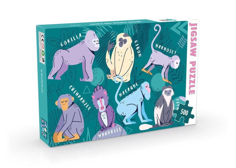 May include: A colourful jigsaw puzzle box featuring illustrations of different types of monkeys, including a gorilla, chimpanzee, gibbon, mandrill, macaque, and a harnessed monkey. The box is green with a pink and white jigsaw piece design and the text "JIGSAW PUZZLE 500".