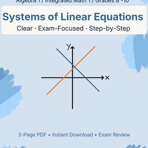 May include: A digital educational resource titled "Systems of Linear Equations" with a light blue background. The image features a graph with intersecting lines, labeled axes, and the text "Clear, Exam-Focused, Step-by-Step". Additional text includes "3-Page PDF, Instant Download, Exam Review".