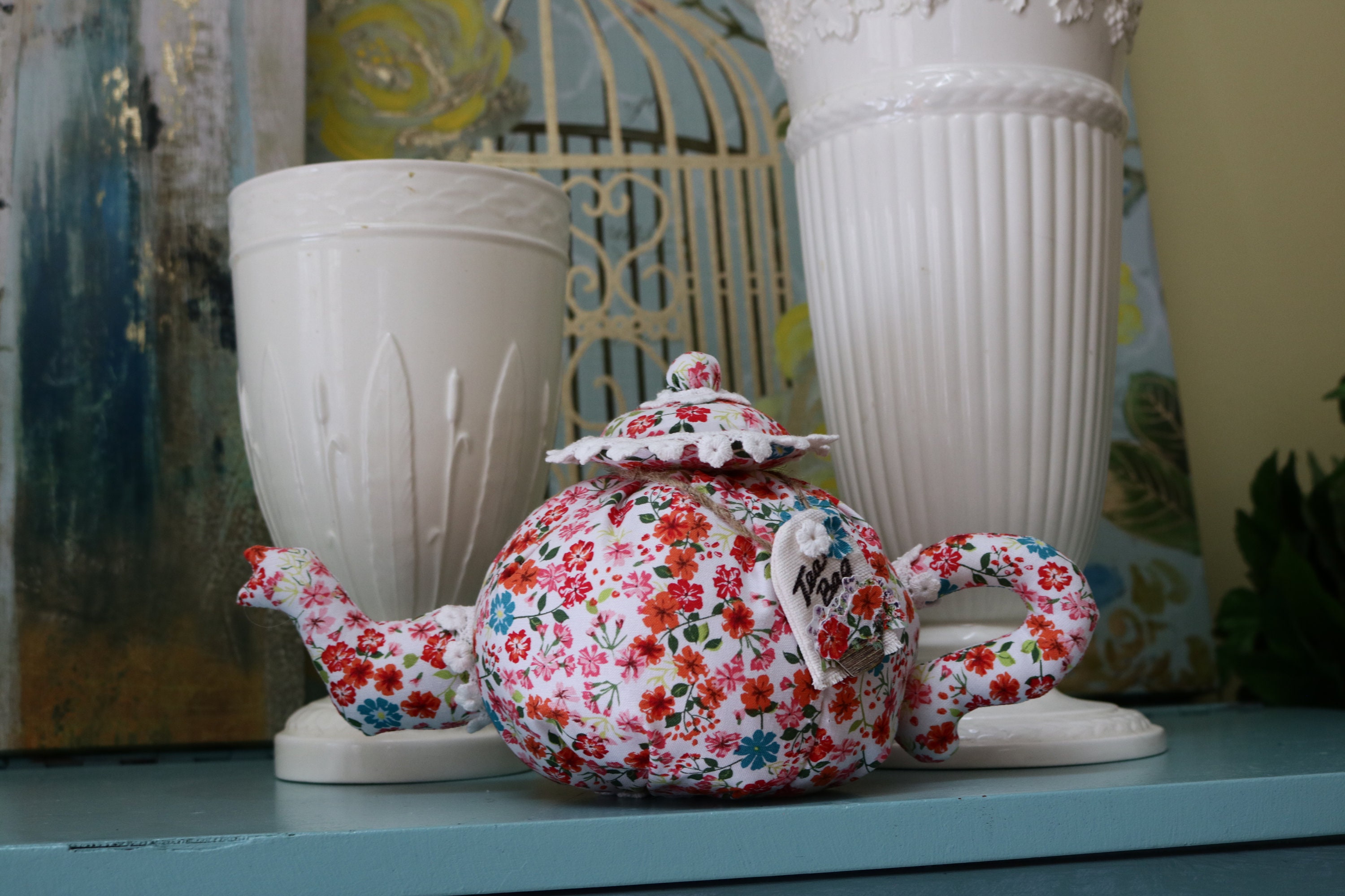Cache-théière Vintage Brodé – Fait Main, Style Shabby Chic, Années 90, Bleu