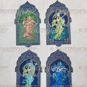 May include: Four decorative art prints featuring ethereal figures in flowing gowns. Each print is set within an arched frame with intricate blue and green mosaic-style borders. The figures are in shades of pink, green, blue, and teal.