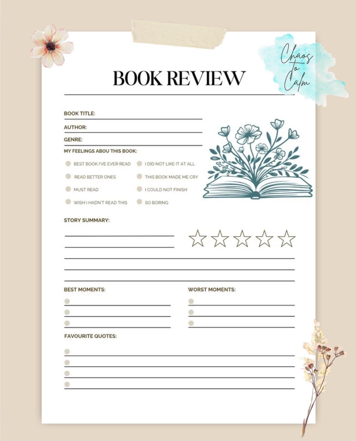 Printable Book Review Template | Reading Journal Page (digital Download ...