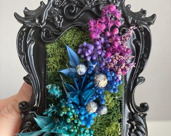 Miniature Moss Art Frame: Turquoise, Blue & Purple Floral Wall Decor