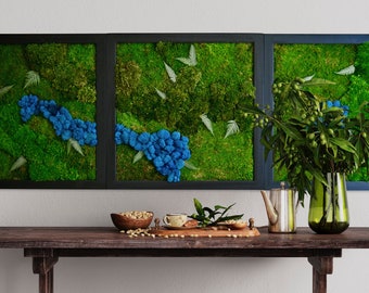 Blue River Moss Wall Art: Triptych Preserved Moss in Wood Frame