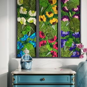 Colorful Moss Art Set | Moss Wall Art | Preserved Moss | Large Art | Art With Flowers | Color Pop | Handmade Art | Green Wall | Boho Decor