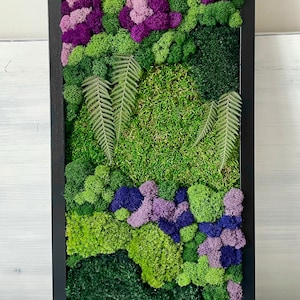 Preserved moss art frame in pink and purple. No maintenance required. Size 20x10 in.