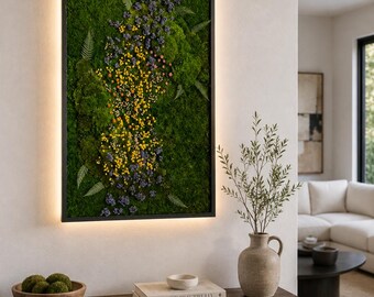LED Light Wildflower Moss Wall Art: Handmade Rectangular Home Decor