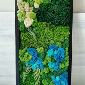 Preserved moss art frame in white and blue. No maintenance required. Size 20x10 in.