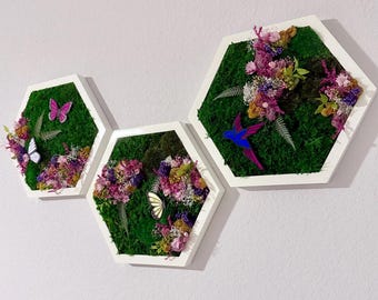 Pink Room Moss Wall Art Set – Whimsical Floral Hexagons with Customizable Pins