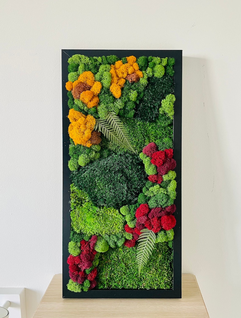 Preserved moss art frame in yellow and red. No maintenance required. Size 20x10 in.