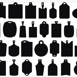 May include: A collection of 48 black cutting boards in various shapes and sizes. The cutting boards are all made of a solid material and have a smooth surface.