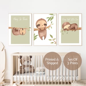 Sloth Nursery wall art, set of 3 art prints, Childrens room decor, baby boy, baby girl jungle theme, watercolour prints UNFRAMED