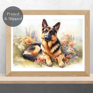 GERMAN SHEPHERD PRINT, German shepherd spaniel flowers Wall Art, Alsatian picture, floral  illustration decor Unframed
