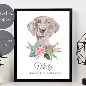 Weimaraner art Print, Custom name Personalised Dog wall art, pet owner gift A4 A3 UNFRAMED