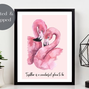 PINK FLAMINGO PRINT, couples wall decor, love quote art print, tropical birds picture Unframed
