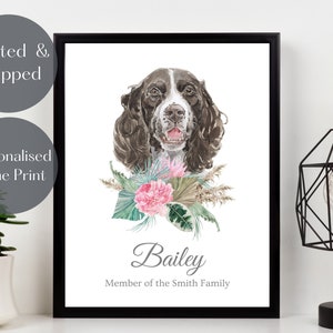 Springer Spaniel Print, Personalised Dog wall art, Springer spaniel portrait watercolour, pet lover gift, pet memorial picture
