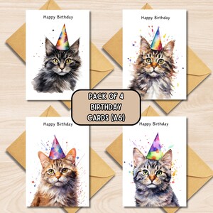 猫の誕生日カード 4 枚セット、A6 水彩グリーティング カード、猫、ガールフレンド、ボーイフレンドからのハッピーバースデー カード バンドル