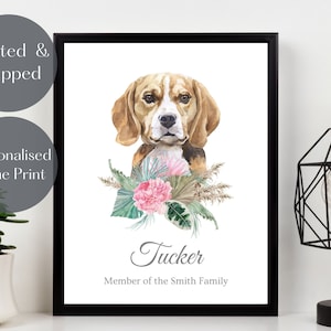Personalised Beagle Print, Custom Dog wall art, Beagle Hound Dog portrait watercolour, pet lover gift, pet memorial picture