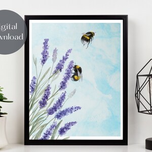 Bees and lavender art printable, Instant download Bee wall decor, digital download bees and purple flower print, floral insect picture