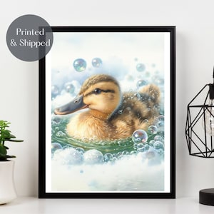 BATH DUCK PRINT, Duck in bubbles Wall Art, british wildlife picture, nursery wall art, bathroom illustration decor Unframed