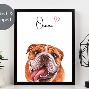 ENGLISH BULLDOG PRINT, Personalised name art print, Pet portrait, Dog lover gift, British bulldog breed wall decor Unframed
