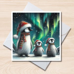 Kerstkaart pinguïnfamilie – 6 x 6 vierkante notitiekaart, blanco binnenkant, kerstkaart, Arctische dieren in het wild, noorderlicht
