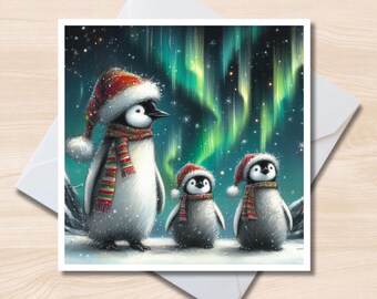Carte de voeux de famille de pingouins de Noël - carte de correspondance carrée 6 x 6, intérieur vierge, carte de Noël, faune arctique, aurores boréales