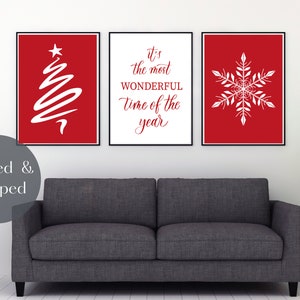 Christmas wall art, set of 3 art prints, Christmas decor, Red and white xmas wall art, watercolour prints UNFRAMED