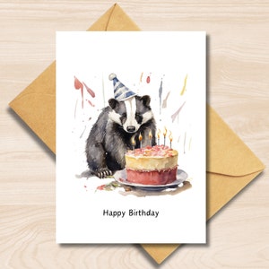 Badger Birthday Card, carte de vœux a6 pour les amoureux des animaux, Blaireau mignon avec gâteau d’anniversaire, pour petite amie, petit ami