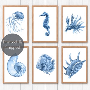 Blue Bathroom Prints Set of 3 or 6 - Watercolour Sea Life Animals - Ocean Theme - Beach House Decor - UNFRAMED