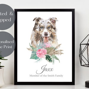 Australian Shepherd dog art Print, Personalised Dog wall art, custom pet portrait watercolour, pet lover gift, pet memorial picture