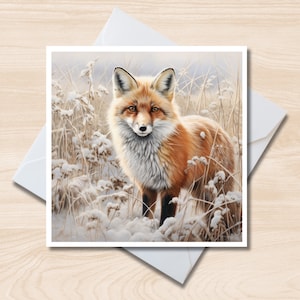Carte de voeux renard d'hiver - carte de correspondance carrée 6 x 6, intérieur vierge, carte de Noël, carte d'anniversaire, faune britannique, scène enneigée