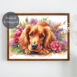 COCKER SPANIEL PRINT, Working cocker spaniel flowers Wall Art, red ginger English spaniel picture, floral  illustration decor Unframed
