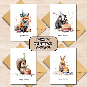 Mini cartões de aniversário, pacote de 4 cartões de feliz aniversário de animais, Mini A7, raposa aquarela, texugo, coelho, esquilo, pacote de cartões