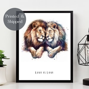 LION COUPLE PRINT, cuddling lions Wall Art, Love is love, African wildlife picture, family quote, gay art print, illustration décor Unframed