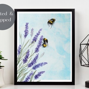 bees and lavender art print, watercolour botanical wall decor, honey bee collecting nectar, insect and purple flower picture