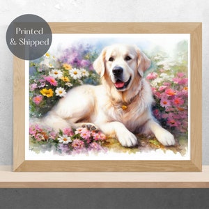 GOLDEN RETRIEVER PRINT, cream golden retriever with flowers Wall Art, botanical dog picture, floral  illustration decor Unframed