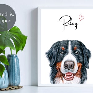 Bernese Mountain Dog Print, Personalised name art print, Pet portrait, Dog lover gift, dog breed wall decor UNFRAMED
