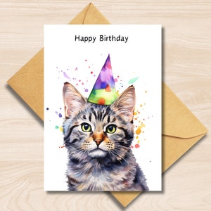 Carte d'anniversaire chat tigré, carte de voeux a6 parfaite pour les amoureux des chats, chaton mignon portant un chapeau de fête, pour petite amie, petit ami