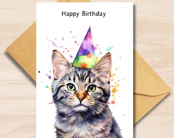 Carte d'anniversaire chat tigré, carte de voeux a6 parfaite pour les amoureux des chats, chaton mignon portant un chapeau de fête, pour petite amie, petit ami