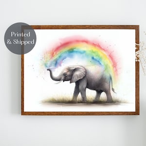 ELEPHANT RAINBOW PRINT, Elephant Wall Art, wildlife picture, kids nursery illustration decor Unframed