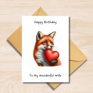 Fox-verjaardagskaart voor mijn vrouw, vos met een liefdeshart, a6-wenskaart, romantisch grillig dier