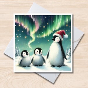 Kerstkaart pinguïnfamilie – 6 x 6 vierkante notitiekaart, blanco binnenkant, kerstkaart, Arctische dieren in het wild, noorderlicht